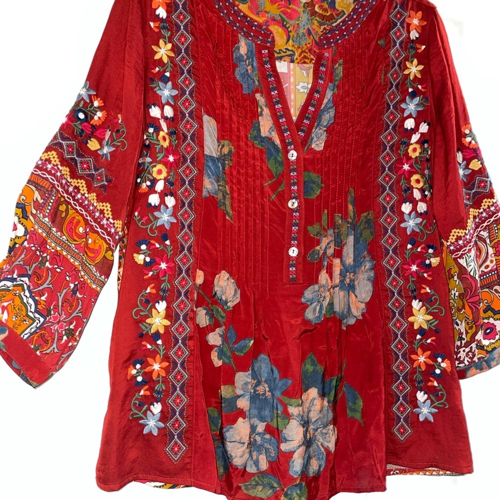 John Mark Red Floral Embroidered Tunic